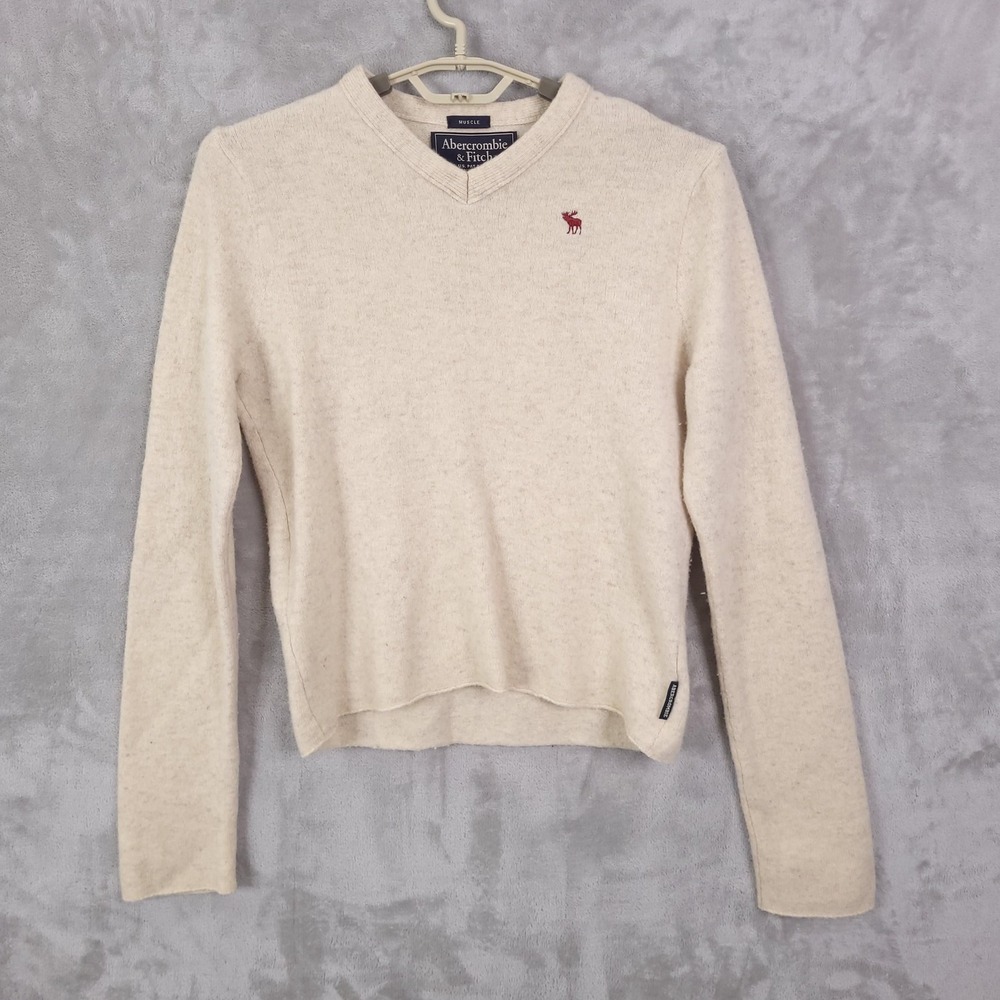 Abercrombie & Fitch V-Neck Sweater Mens M Cream Wool Muscle Fit Vintage